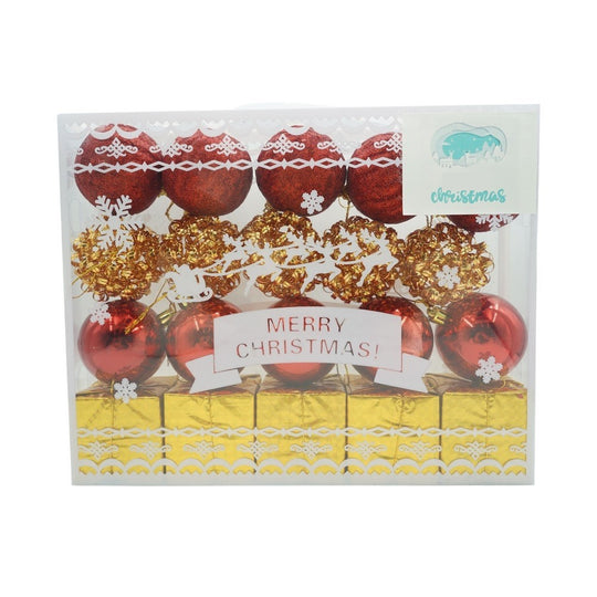 Set de 20 ornamente de brad, de tip Glob, Rosu/ Auriu, din polistiren, cu finisaj sclipitor, cutie 6 cm adancime x 29 cm lungime x 24 cm inaltime