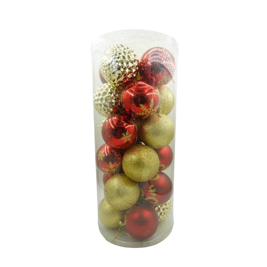 Set de 24 ornamente de brad, de tip Glob, Rosu/ Auriu, cu ø de 8 cm, din plastic, cu finisaj sclipitor, cutie 19 cm lungime x 42 cm inaltime x 19 cm adancime