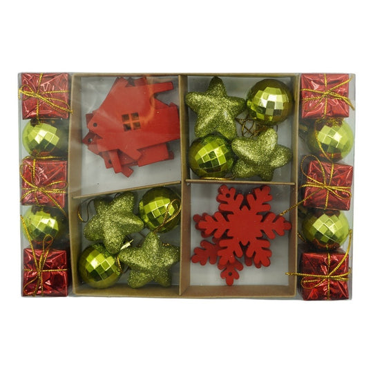 Set de 24 ornamente de brad, de tip Glob, Rosu/ Auriu, din polistiren, cu finisaj sclipitor, cutie 3 cm adancime x 20 cm lungime x 14 cm inaltime