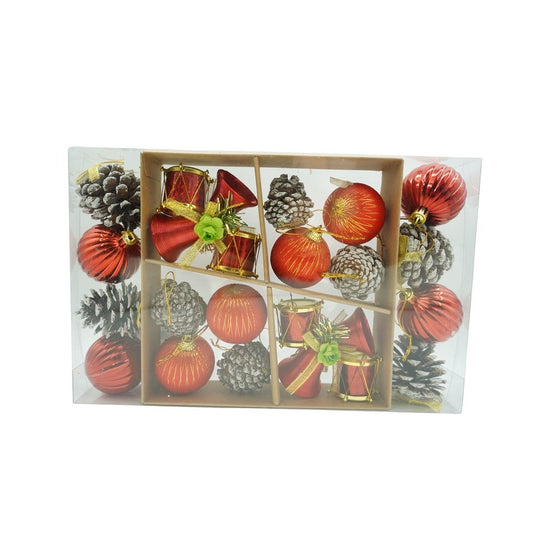 Set de 24 ornamente de brad, de tip Glob, Rosu/ Maro, din polistiren, cu finisaj sclipitor, cutie 5 cm adancime x 29 cm lungime x 19 cm inaltime