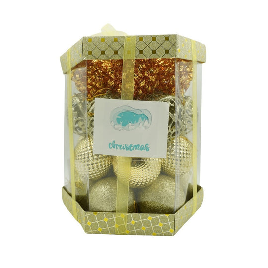 Set de 28 ornamente de brad, de tip Glob, Cupru/ Auriu, din polistiren, cu finisaj sclipitor, cutie 18 cm adancime x 22 cm inaltime x 18 cm lungime)
