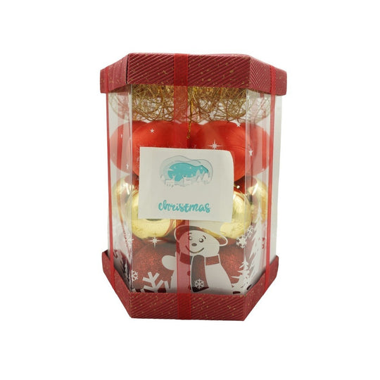 Set de 28 ornamente de brad, de tip Glob, Rosu/ Auriu, din polistiren, cu finisaj sclipitor, cutie 18 cm adancime x 22 cm inaltime x 18 cm lungime)