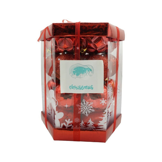 Set de 28 ornamente de brad, de tip Glob, Rosu, din polistiren, cu finisaj sclipitor, cutie 18 cm adancime x 22 cm inaltime x 18 cm lungime)