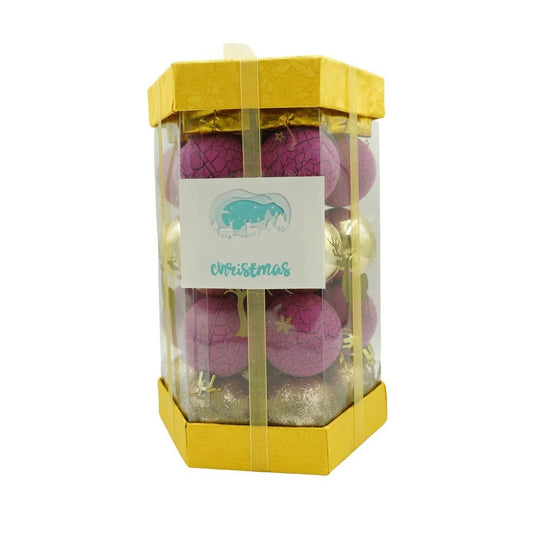 Set de 35 ornamente de brad, de tip Glob, Auriu/ Mov, din polistiren, cu finisaj sclipitor, cutie 14 cm adancime x 23 cm inaltime x 14 cm lungime)