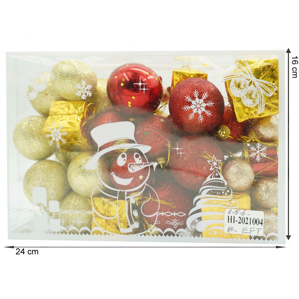 Set de 45 ornamente de brad, de tip Glob, din polistiren, cu finisaj sclipitor, cutie 8 cm adancime x 24 cm lungime x 16 cm inaltime