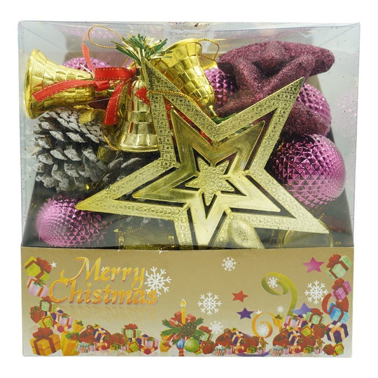 Set de 50 ornamente de brad, de tip Glob, Rosu/ Auriu, din plastic, cu finisaj sclipitor, cutie 18 cm lungime x 12 cm adancime x 18 cm inaltime