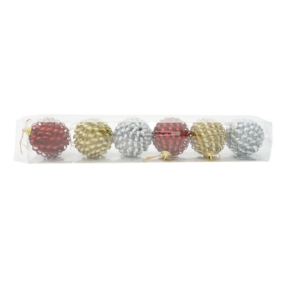 Set de 6 ornamente de brad, de tip Glob, Multicolor, cu ø de 6 cm, din metal, cu finisaj sclipitor, cutie 6 cm adancime x 34 cm lungime x 6 cm inaltime