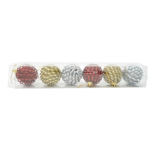 Set de 6 ornamente de brad, de tip Glob, Multicolor, cu ø de 6 cm, din metal, cu finisaj sclipitor, cutie 6 cm adancime x 34 cm lungime x 6 cm inaltime