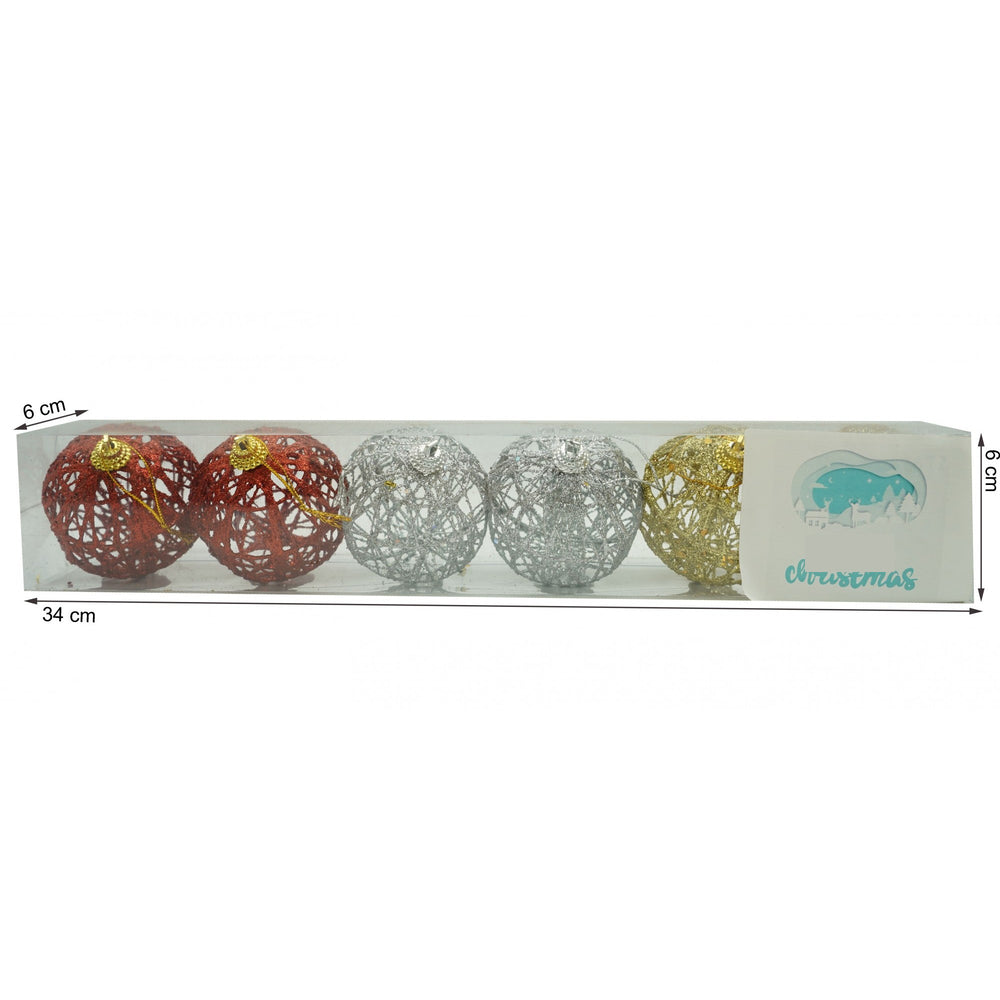 Set de 6 ornamente de brad, de tip Glob, Multicolor, cu ø de 6 cm, din metal, cu finisaj sclipitor, cutie 6 cm adancime x 34 cm lungime x 6 cm inaltime