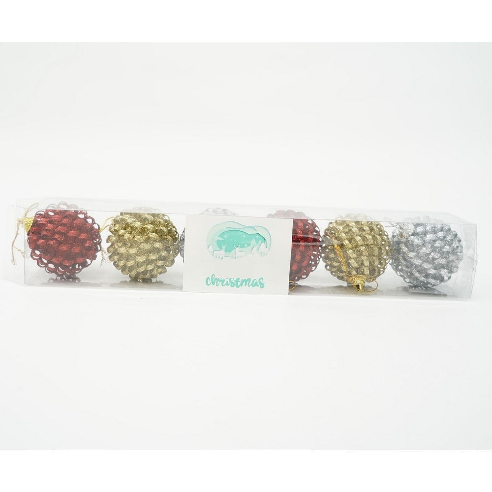 Set de 6 ornamente de brad, de tip Glob, Multicolor, cu ø de 6 cm, din metal, cu finisaj sclipitor, cutie 6 cm adancime x 34 cm lungime x 6 cm inaltime
