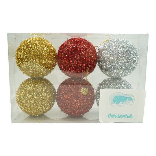 Set de 6 ornamente de brad, de tip Glob, Multicolor, cu ø de 8 cm, din polistiren, cu finisaj sclipitor, cutie 16 cm inaltime x 24 cm lungime x 8 cm adancime