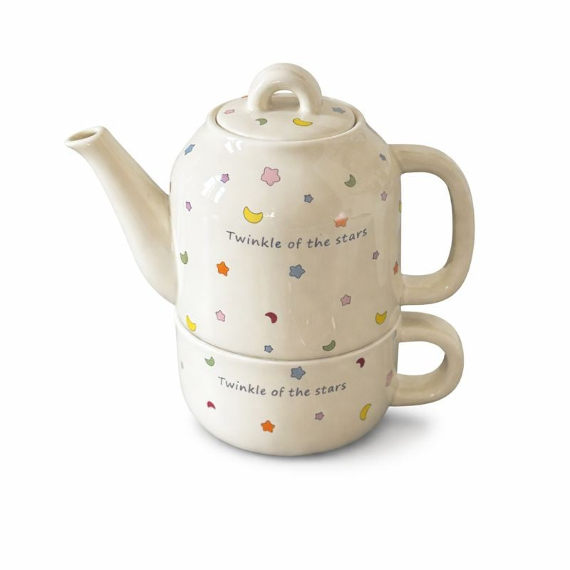 Set de Ceai, Ceainic cu Ceasca pentru Uz Casnic, Stele cu Luna, Set de Ceai pentru Copii, Adulti, 18 x 17 x 13 cm, Alb Crem