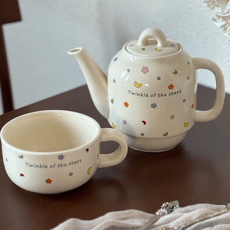 Set de Ceai, Ceainic cu Ceasca pentru Uz Casnic, Stele cu Luna, Set de Ceai pentru Copii, Adulti, 18 x 17 x 13 cm, Alb Crem