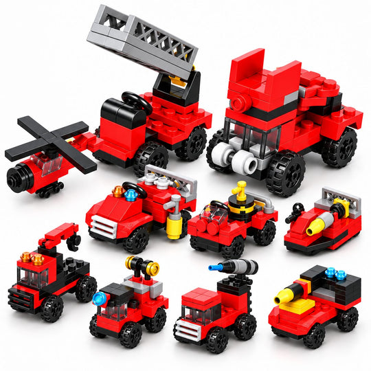 Set de Constructie, Vehicule de Pompieri si Salvare 10 in 1, 323 Piese, 10 Modele, Varsta 6+ Ani, 23.5 x 15 x 7.5 cm, Multicolor
