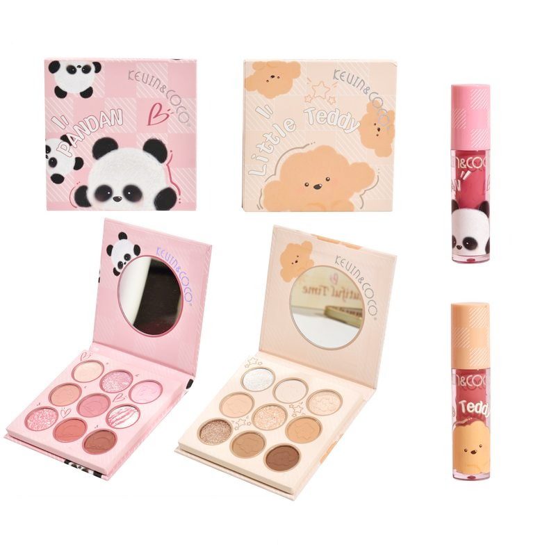 Set de Machiaj, Kevin&Coco, Paleta de Farduri pentru Pleoape si Lipgloss, 10.2x10.2x1.5cm, Model Panda, Multicolor