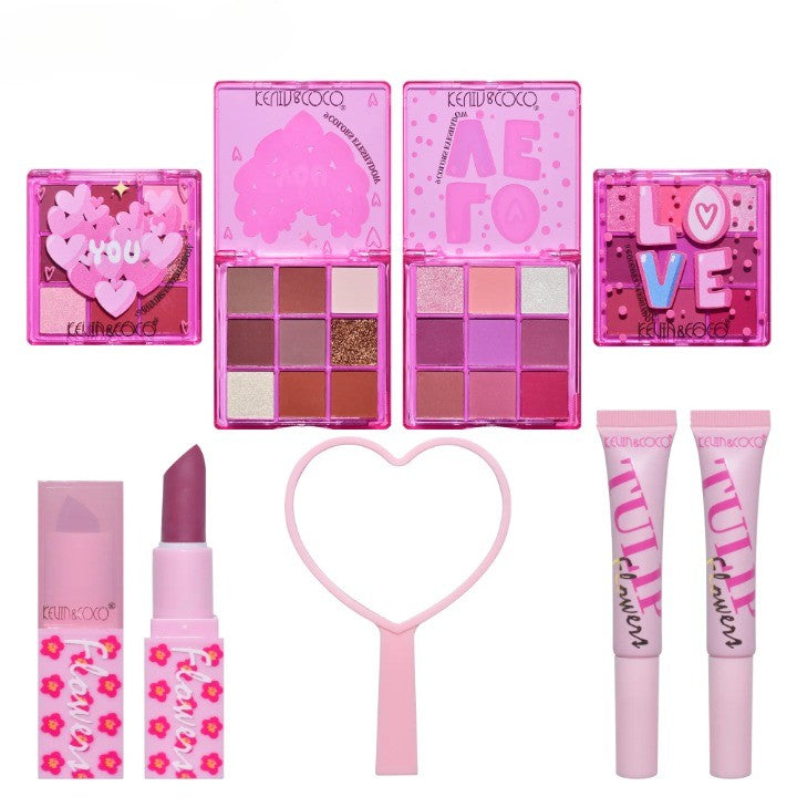 Set de Machiaj Kevin&Coco Tulip Love Gift Box, 22 Culori, 2 Palete de Farduri, 2 Lip Gloss-uri, 2 Rujuri și Oglindă Inimioară, Design Lalele, 15.7 x 21 x 4 cm, Multicolor