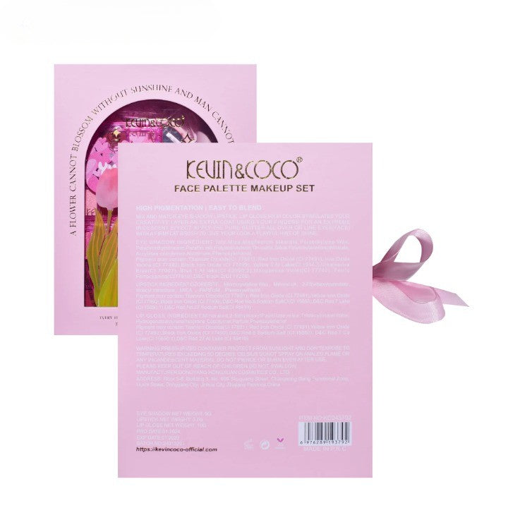 Set de Machiaj Kevin&Coco Tulip Love Gift Box, 22 Culori, 2 Palete de Farduri, 2 Lip Gloss-uri, 2 Rujuri și Oglindă Inimioară, Design Lalele, 15.7 x 21 x 4 cm, Multicolor
