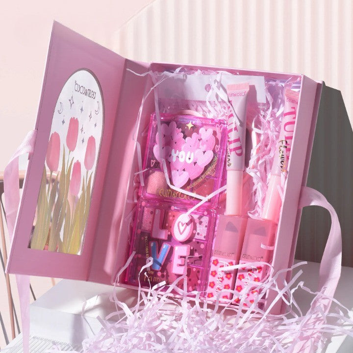 Set de Machiaj Kevin&Coco Tulip Love Gift Box, 22 Culori, 2 Palete de Farduri, 2 Lip Gloss-uri, 2 Rujuri și Oglindă Inimioară, Design Lalele, 15.7 x 21 x 4 cm, Multicolor