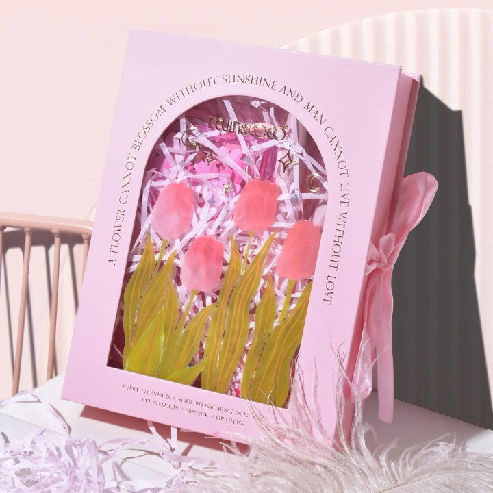 Set de Machiaj Kevin&Coco Tulip Love Gift Box, 22 Culori, 2 Palete de Farduri, 2 Lip Gloss-uri, 2 Rujuri și Oglindă Inimioară, Design Lalele, 15.7 x 21 x 4 cm, Multicolor