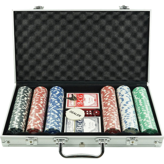 Set de Poker Complex, cu 300 de Jetoane Multicolore, 2 Seturi de Cărți de Joc și 5 Zaruri, Accesorii pentru Joc Incluse, Depozitare și Transport în Servietă din Aluminiu, 39x27x7 cm, Multicolor