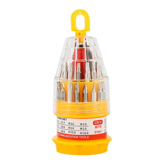 Set de Surubelnite 31-in-1 cu Clichet, Set de Uz Casnic pentru Repararea Electronicelor Mici, Maner durabil Izolat Magnetic, 10 x 5 x 5 cm, Galben