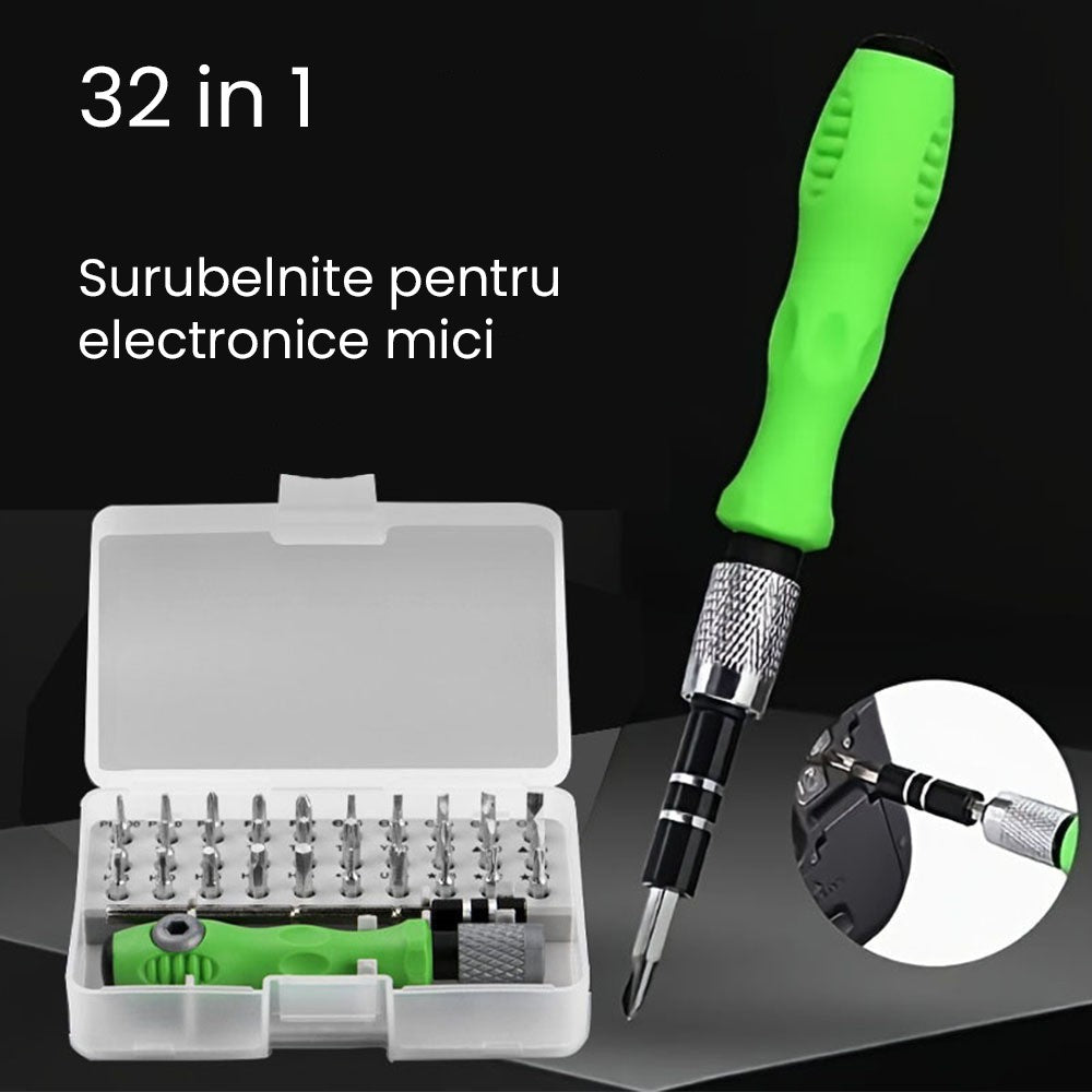 Set de Surubelnite 32-in-1 cu Clichet, Cromate, Set de Uz Casnic pentru Repararea Electronicelor Mici, Maner durabil Verde, 10.5 x 7 x 3 cm, Gri