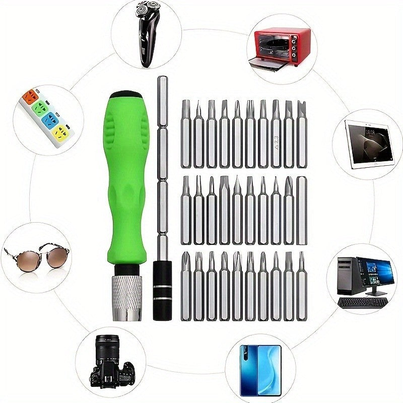 Set de Surubelnite 32-in-1 cu Clichet, Cromate, Set de Uz Casnic pentru Repararea Electronicelor Mici, Maner durabil Verde, 10.5 x 7 x 3 cm, Gri