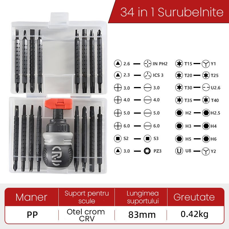 Set de Surubelnite 34-in-1 cu Clichet, Set de Uz Casnic pentru Repararea Electronicelor Mici, Maner durabil, 12 x 10 x 5 cm, Negru Mat