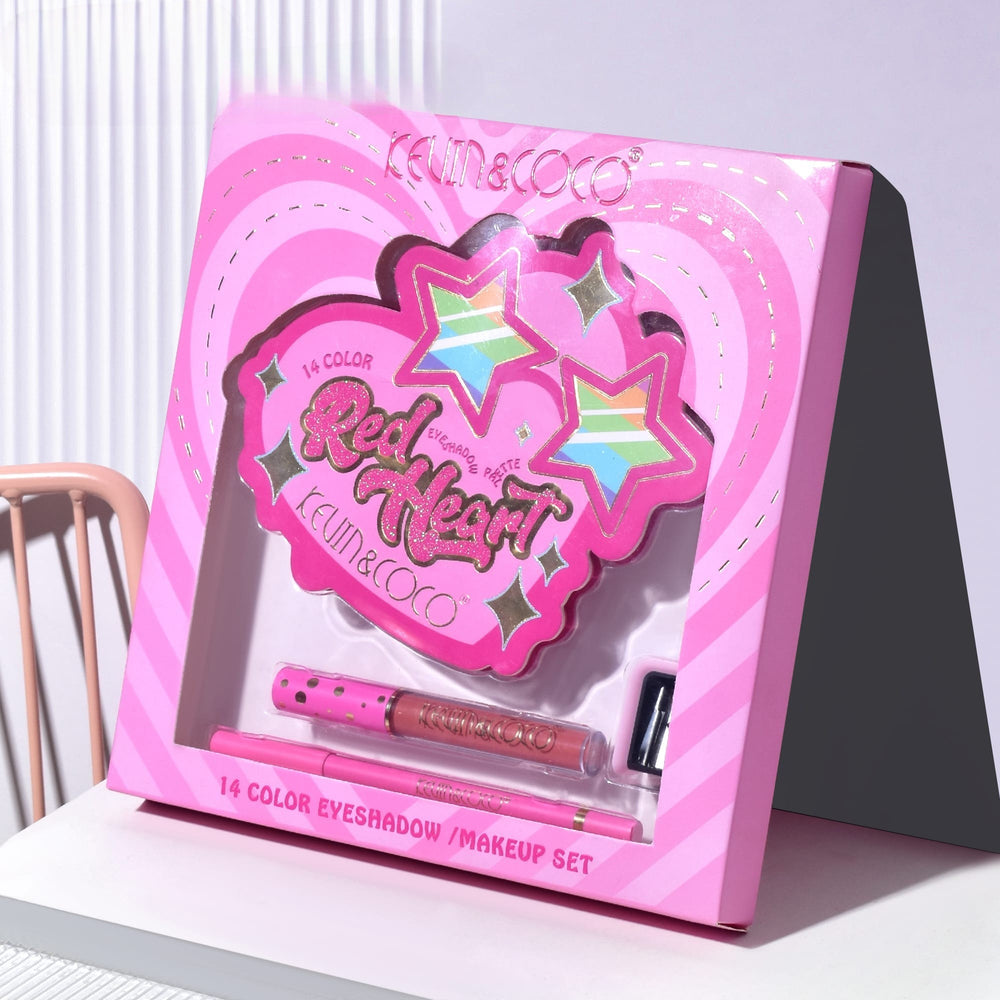 Set Machiaj Kevin&Coco Red Heart Eyeshadow Palette, Paletă cu 14 Farduri de Pleoape, Lip Gloss, Creion pentru Ochi și Ascuțitoare, Design Inimă, 21 x 20.5 x 2.2 cm, Roz