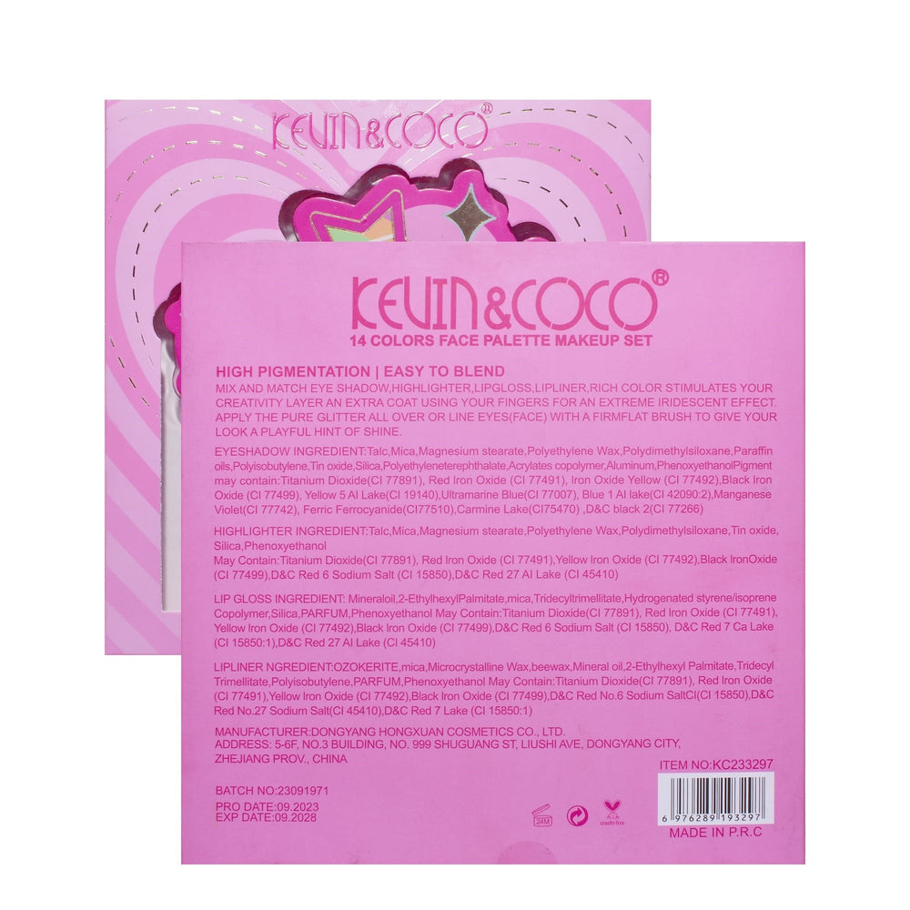 Set Machiaj Kevin&Coco Red Heart Eyeshadow Palette, Paletă cu 14 Farduri de Pleoape, Lip Gloss, Creion pentru Ochi și Ascuțitoare, Design Inimă, 21 x 20.5 x 2.2 cm, Roz