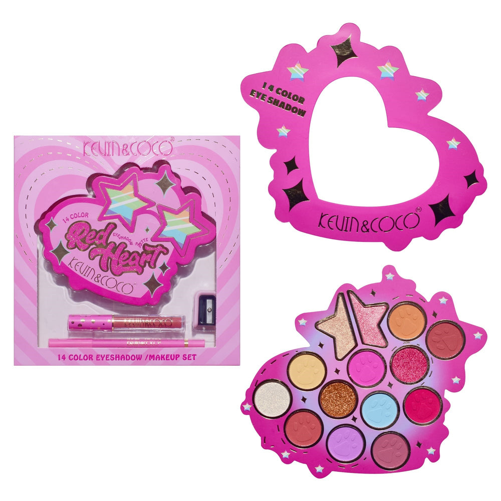 Set Machiaj Kevin&Coco Red Heart Eyeshadow Palette, Paletă cu 14 Farduri de Pleoape, Lip Gloss, Creion pentru Ochi și Ascuțitoare, Design Inimă, 21 x 20.5 x 2.2 cm, Roz