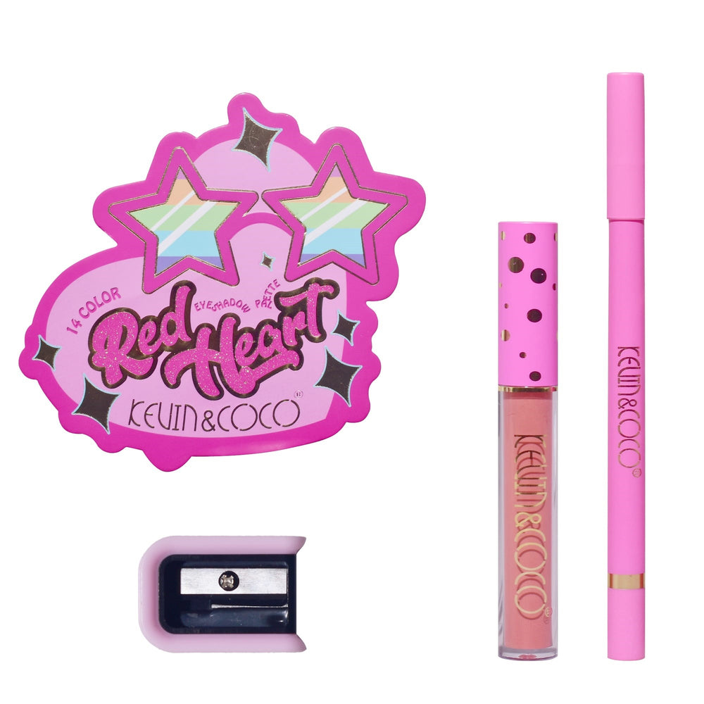 Set Machiaj Kevin&Coco Red Heart Eyeshadow Palette, Paletă cu 14 Farduri de Pleoape, Lip Gloss, Creion pentru Ochi și Ascuțitoare, Design Inimă, 21 x 20.5 x 2.2 cm, Roz