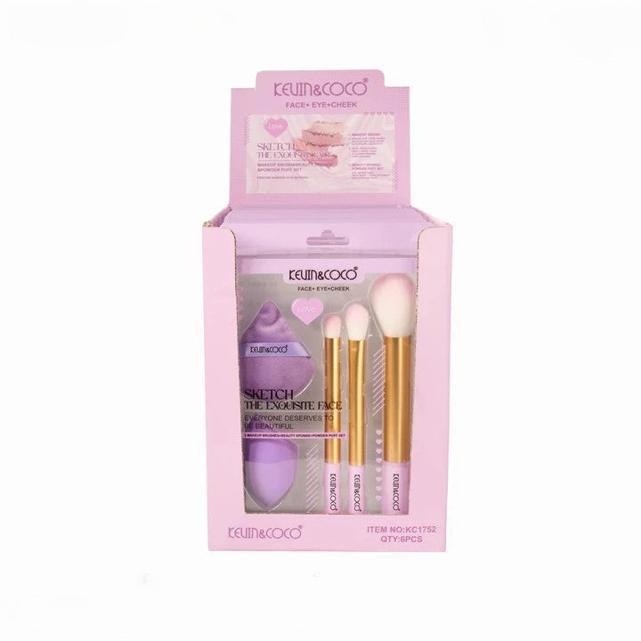 Set Pensule de Machiaj Powder Puff si Buretel pentru Dama, Kevin&Coco, 21x15.4x4cm, Mov