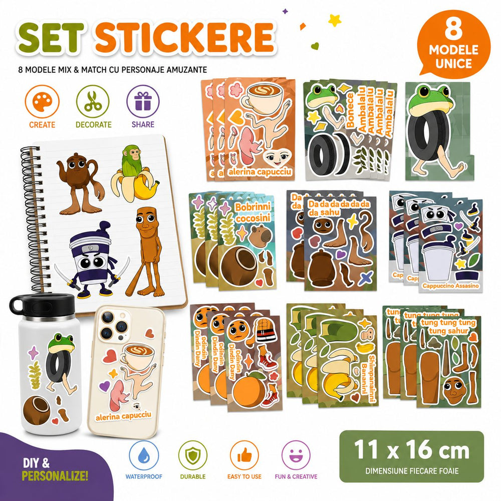 Set Stickere Decorative, 8 Modele Mix & Match cu Personaje Amuzante, DIY, 11 x 16 cm, Multicolor