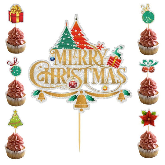 Set Toppere pentru Tort si Prajituri, Tematica Craciun, Model Mare Scris Merry Christmas 15.5x14.3 cm, 6 Toppere Mici Modele Variate 5x5 cm, Multicolor