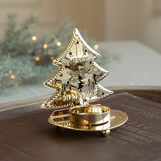 Suport Decorativ pentru Lumanare de Craciun, Model Brad Auriu din Art Metal, pentru Masa fara Agatare, 10.5 x 9 x 7.5 cm, Auriu