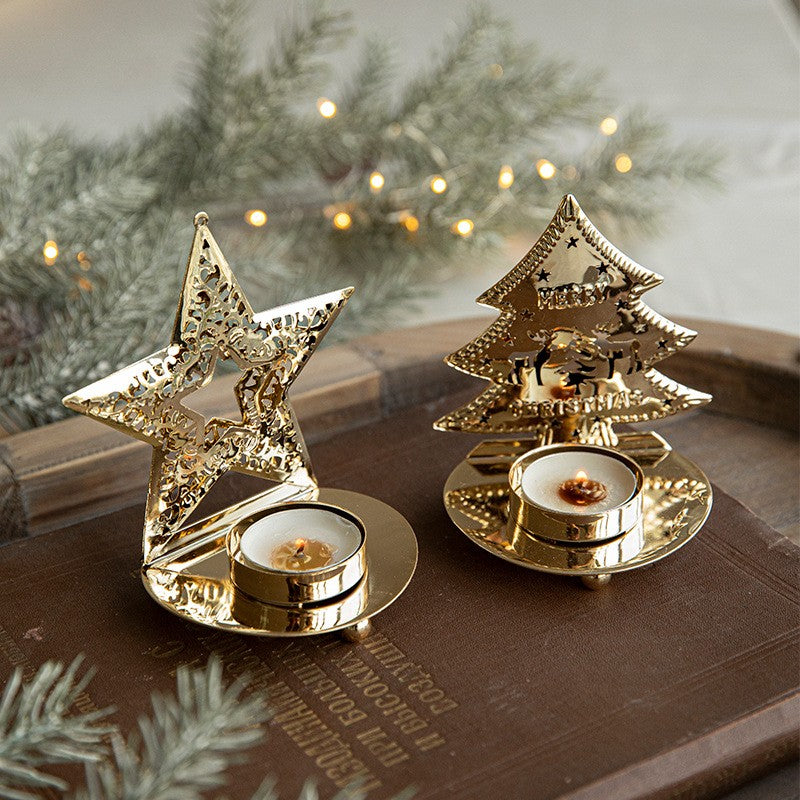 Suport Decorativ pentru Lumanare de Craciun, Model Brad Auriu din Art Metal, pentru Masa fara Agatare, 10.5 x 9 x 7.5 cm, Auriu