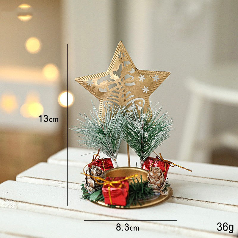Suport Decorativ pentru Lumanare de Craciun, Ornament pentru Lumanare pe Masa, Model Stea cu Clopotei si Crengute de Brad, din Art Metal, fara Lumanare 13 x 8.3 cm, Auriu