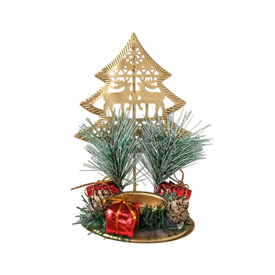 Suport Decorativ pentru Lumanare de Craciun, Ornament pentru Lumanare pe Masa, Model Brad cu Reni si Crengute de Brad, din Art Metal, fara Lumanare 13 x 8.3 cm, Auriu