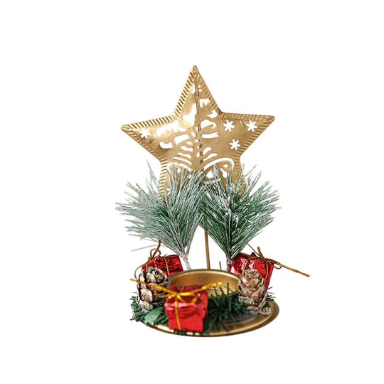 Suport Decorativ pentru Lumanare de Craciun, Ornament pentru Lumanare pe Masa, Model Stea cu Clopotei si Crengute de Brad, din Art Metal, fara Lumanare 13 x 8.3 cm, Auriu