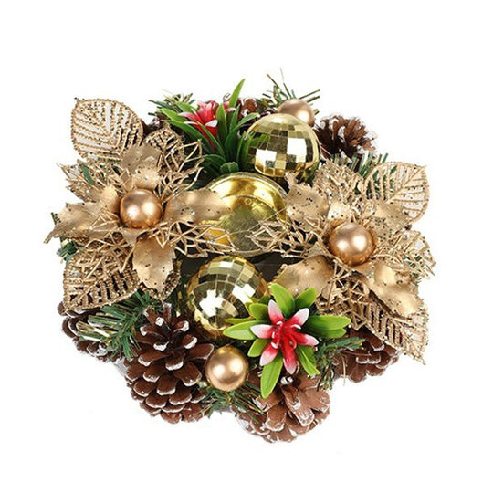 Suport pentru Lumanare de Craciun, Model Cupa cu 2 Globutele Aurii si 2 Flori cu Conuri, Sfesnic de Tip Ghirlanda, Decoratiune pe Masa de Craciun, 17.5 x 17.5 x 7 cm, Auriu