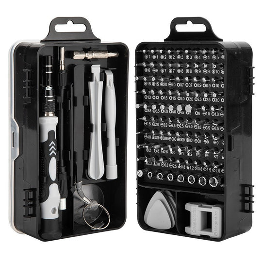 Surubelnite pentru Reparea Telefoanelor, Set 115-in-1 Cromate, Demontarea Repararea Ceasurilor, Electronicelor Mici, Maner detalii Albe, 18 x 11 x 6 cm, Negru