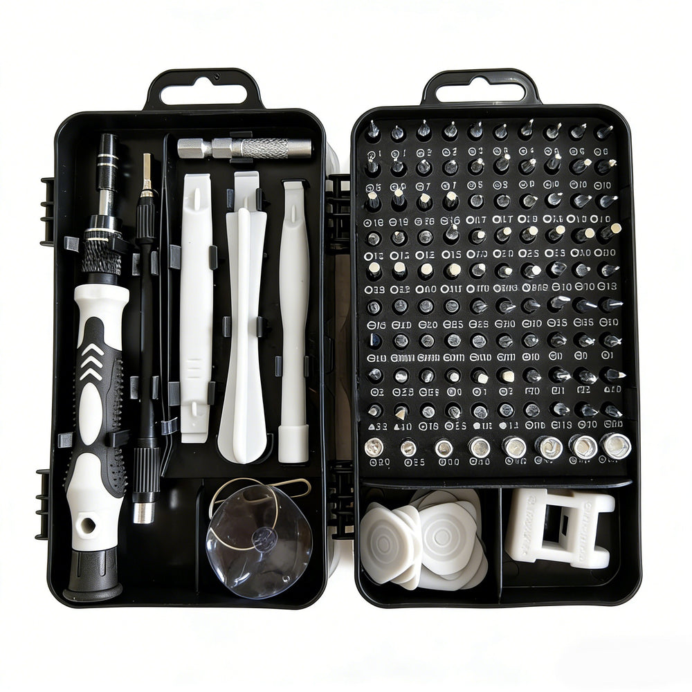 Surubelnite pentru Reparea Telefoanelor, Set 115-in-1 Cromate, Demontarea Repararea Ceasurilor, Electronicelor Mici, Maner detalii Albe, 18 x 11 x 6 cm, Negru