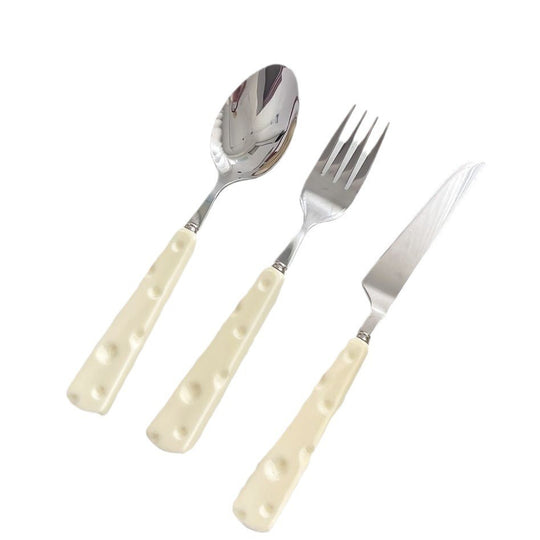 Tacamuri pentru Copii, Set 3 Piese, Tacamuri pentru Dejun, Lingura Furculita Cutit, Stil Italian, Manere forma Cascaval Plastic, Inox, 23 cm, Auriu