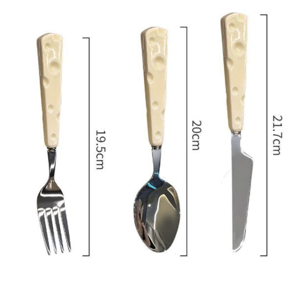 Tacamuri pentru Copii, Set 3 Piese, Tacamuri pentru Dejun, Lingura Furculita Cutit, Stil Italian, Manere forma Cascaval Plastic, Inox, 23 cm, Auriu