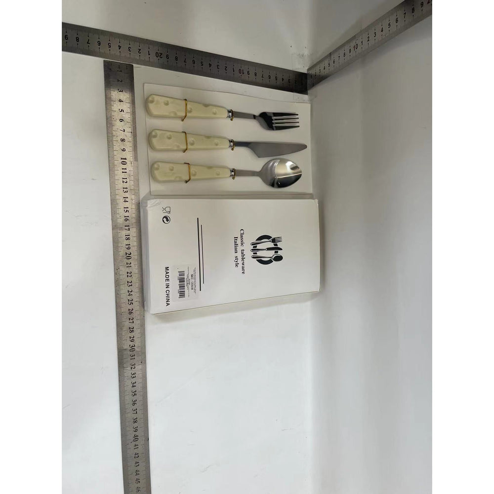 Tacamuri pentru Copii, Set 3 Piese, Tacamuri pentru Dejun, Lingura Furculita Cutit, Stil Italian, Manere forma Cascaval Plastic, Inox, 23 cm, Auriu