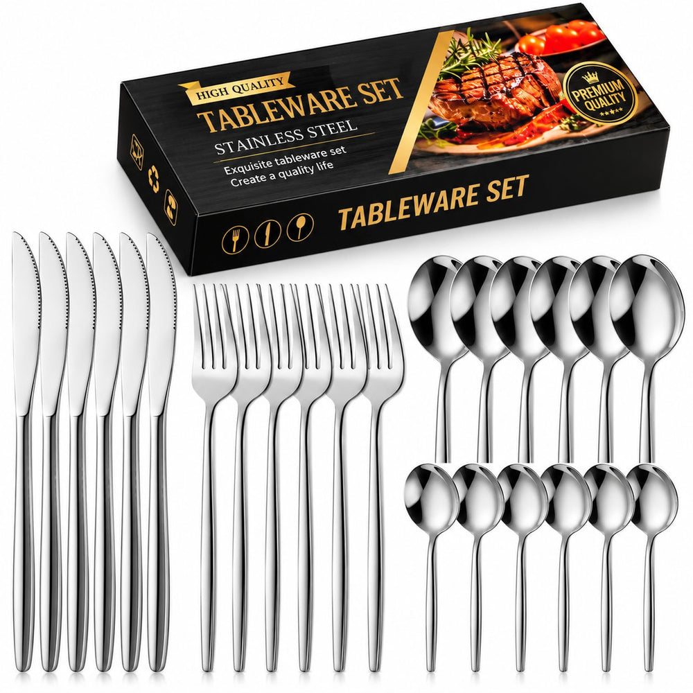 Tacamuri Portugheze, Set din 24 de Piese din Otel Inoxidabil, 6 Cutie, 6 Furculite, 6 Linguri de Masa, 6 Linguri pentru Ceai, Argintiu