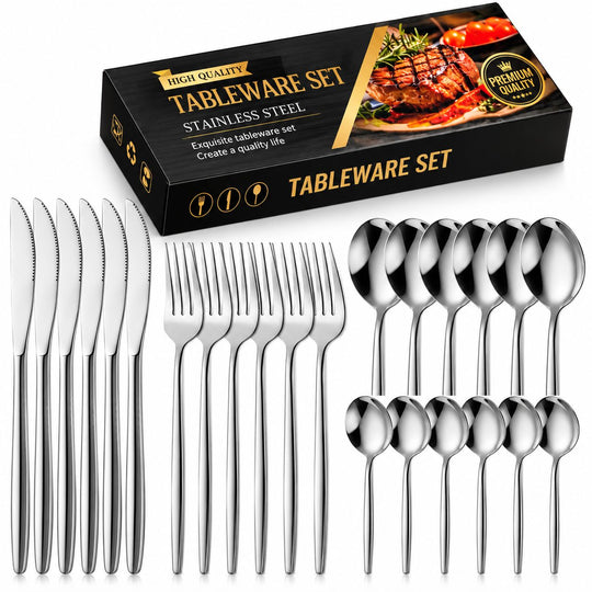 Tacamuri Portugheze, Set din 24 de Piese din Otel Inoxidabil, 6 Cutie, 6 Furculite, 6 Linguri de Masa, 6 Linguri pentru Ceai, Argintiu