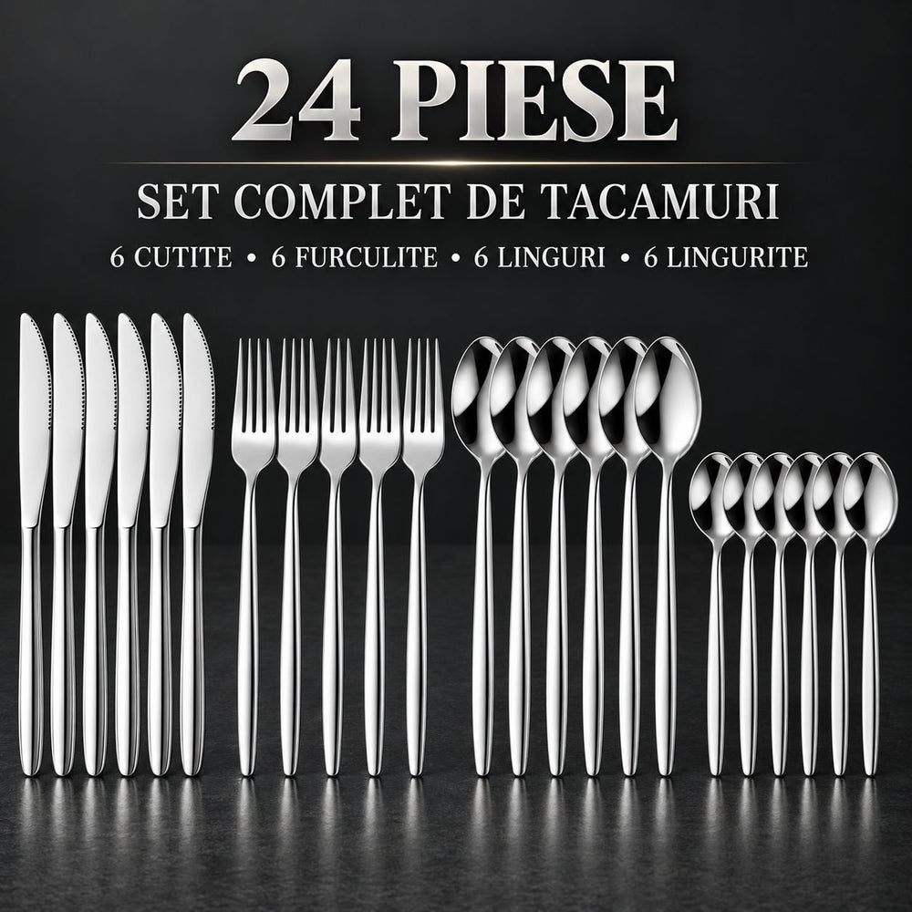 Tacamuri Portugheze, Set din 24 de Piese din Otel Inoxidabil, 6 Cutie, 6 Furculite, 6 Linguri de Masa, 6 Linguri pentru Ceai, Argintiu