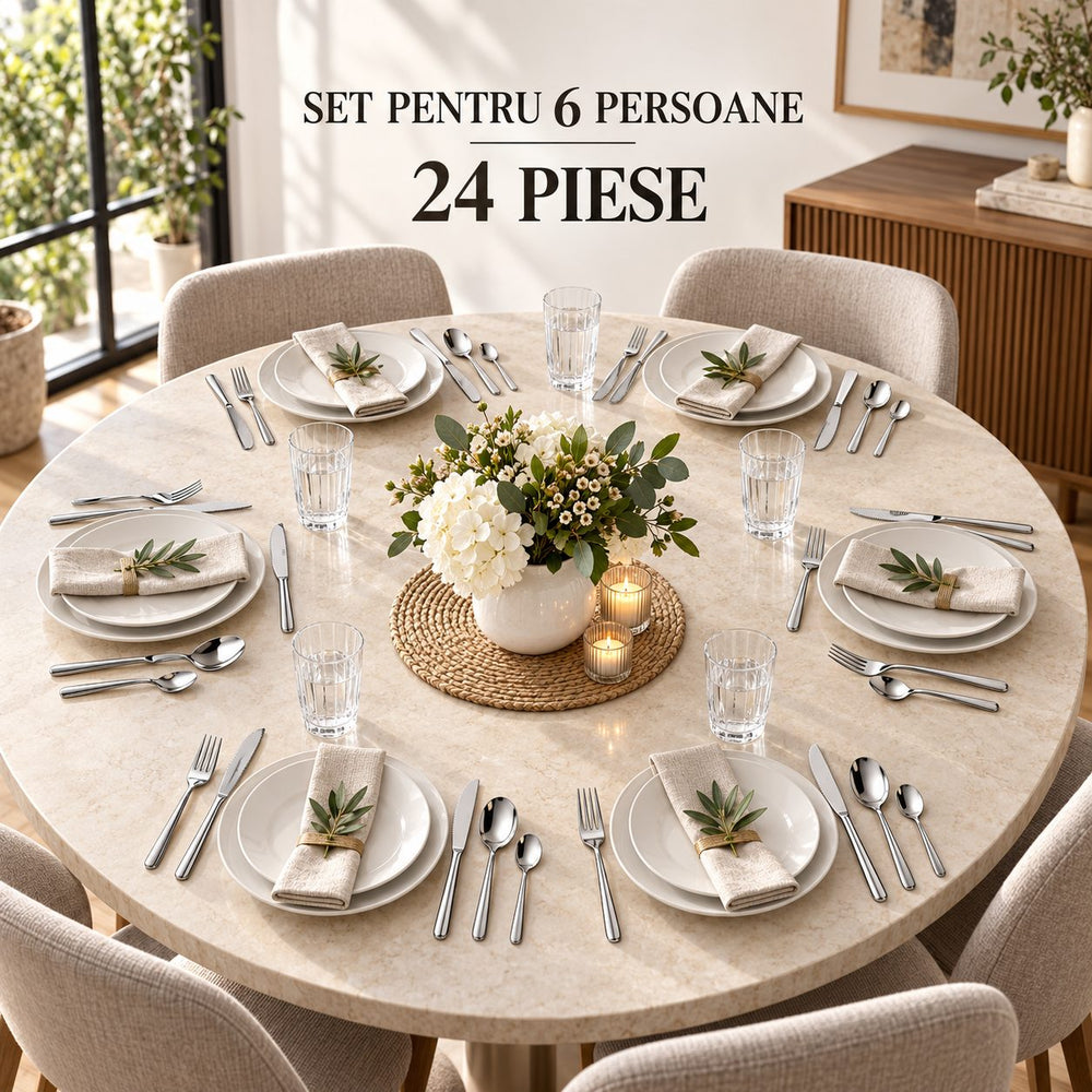 Tacamuri Portugheze, Set din 24 de Piese din Otel Inoxidabil, 6 Cutie, 6 Furculite, 6 Linguri de Masa, 6 Linguri pentru Ceai, Argintiu